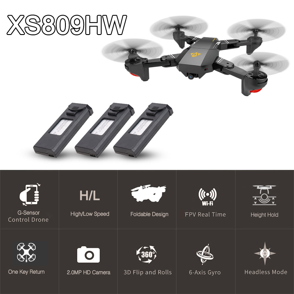 VISUO XS809HW Wifi FPV 2.0MP 120 FOV Wide Angle Foldable Selfie Drone Height Hold RC Quadcopter G-Sensor RTF Extra Two Battery