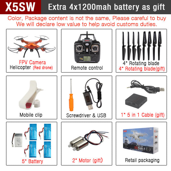 Original SYMA X5SW X5SW-1 FPV RC Quadcopter RC Drone with WIFI Camera HD 2.4G 6-Axis RC Helicopter Toys With 5 Battery VS X5C