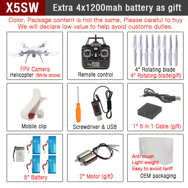 Original SYMA X5SW  X5SW-1 FPV RC Quadcopter RC Drone with WIFI Camera HD 2.4G 6-Axis RC Helicopter Toys With 5 Battery VS X5C