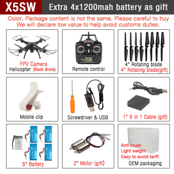 Original SYMA X5SW  X5SW-1 FPV RC Quadcopter RC Drone with WIFI Camera HD 2.4G 6-Axis RC Helicopter Toys With 5 Battery VS X5C