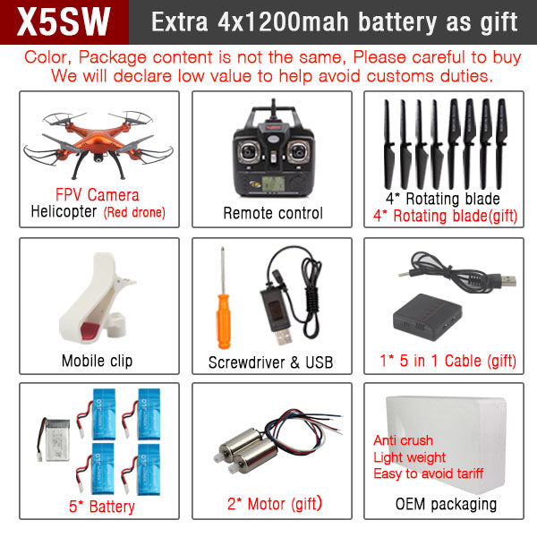 Original SYMA X5SW  X5SW-1 FPV RC Quadcopter RC Drone with WIFI Camera HD 2.4G 6-Axis RC Helicopter Toys With 5 Battery VS X5C