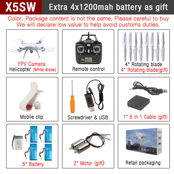 Original SYMA X5SW  X5SW-1 FPV RC Quadcopter RC Drone with WIFI Camera HD 2.4G 6-Axis RC Helicopter Toys With 5 Battery VS X5C