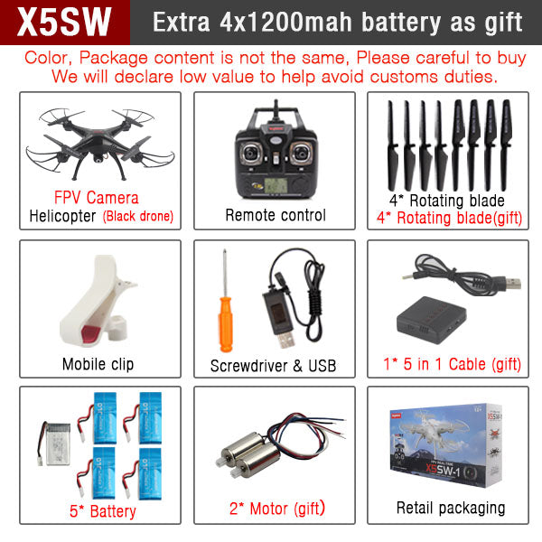 Original SYMA X5SW  X5SW-1 FPV RC Quadcopter RC Drone with WIFI Camera HD 2.4G 6-Axis RC Helicopter Toys With 5 Battery VS X5C